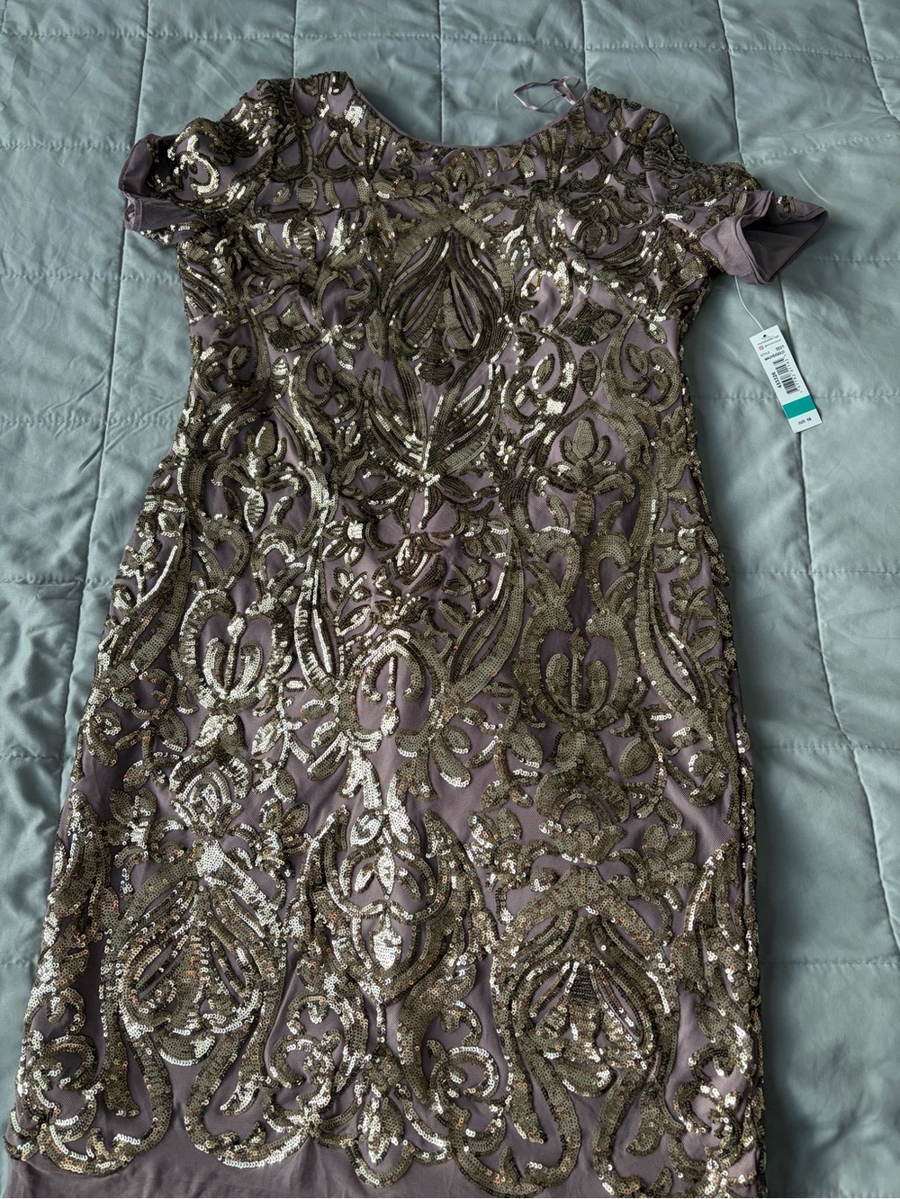 R&M Richards Mauve Midi Dress with Gold Sequin Overlay